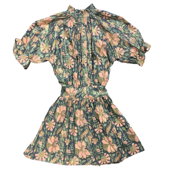 JULIET DUNN Floral Print Lamé Blouson Dress Size 3 Green Orange Button Front EUC - Picture 3 of 7